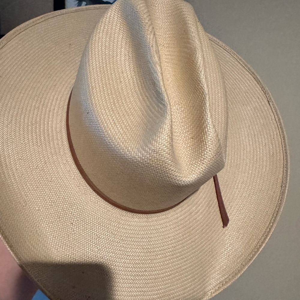 Wide Brim Straw Fedora Hat - Cream with Brown Trim